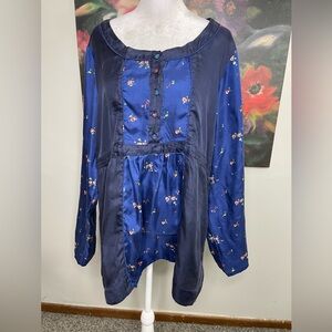 Johnny Was Blue Floral 100% Silk Long Tunic Sz Large Bohemian Featherweight